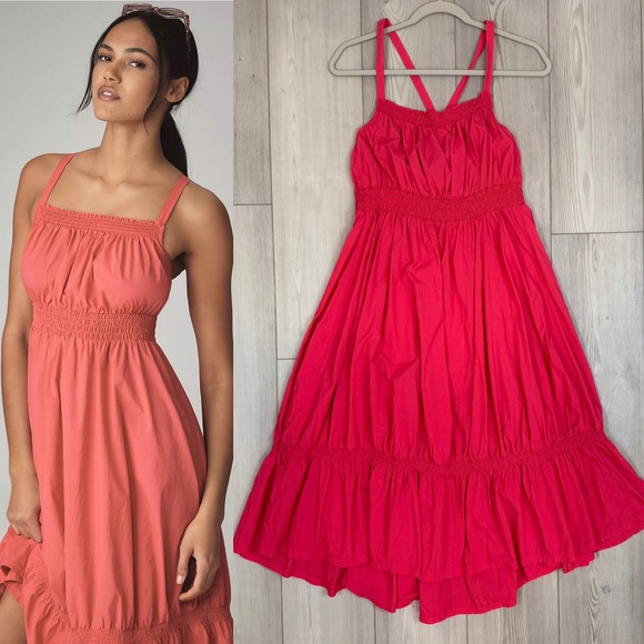 Daily Practice by Anthropologie Dresses & Skirts - Daily Practice Anthropologie Tiered High-Low Midi Dress Pink Smocked Small